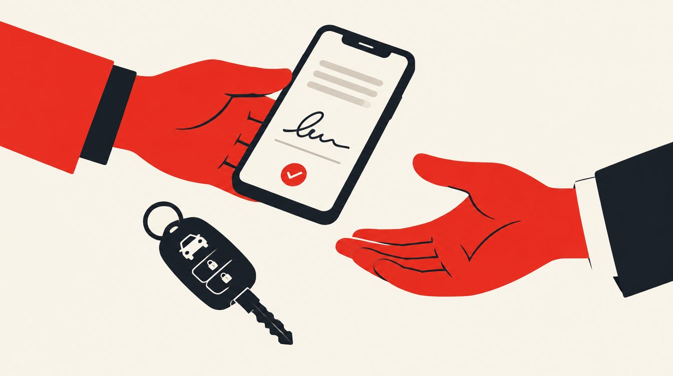 Ilustração de duas mãos trocando um celular com tela de assinatura eletrônica, ao lado de uma chave de carro