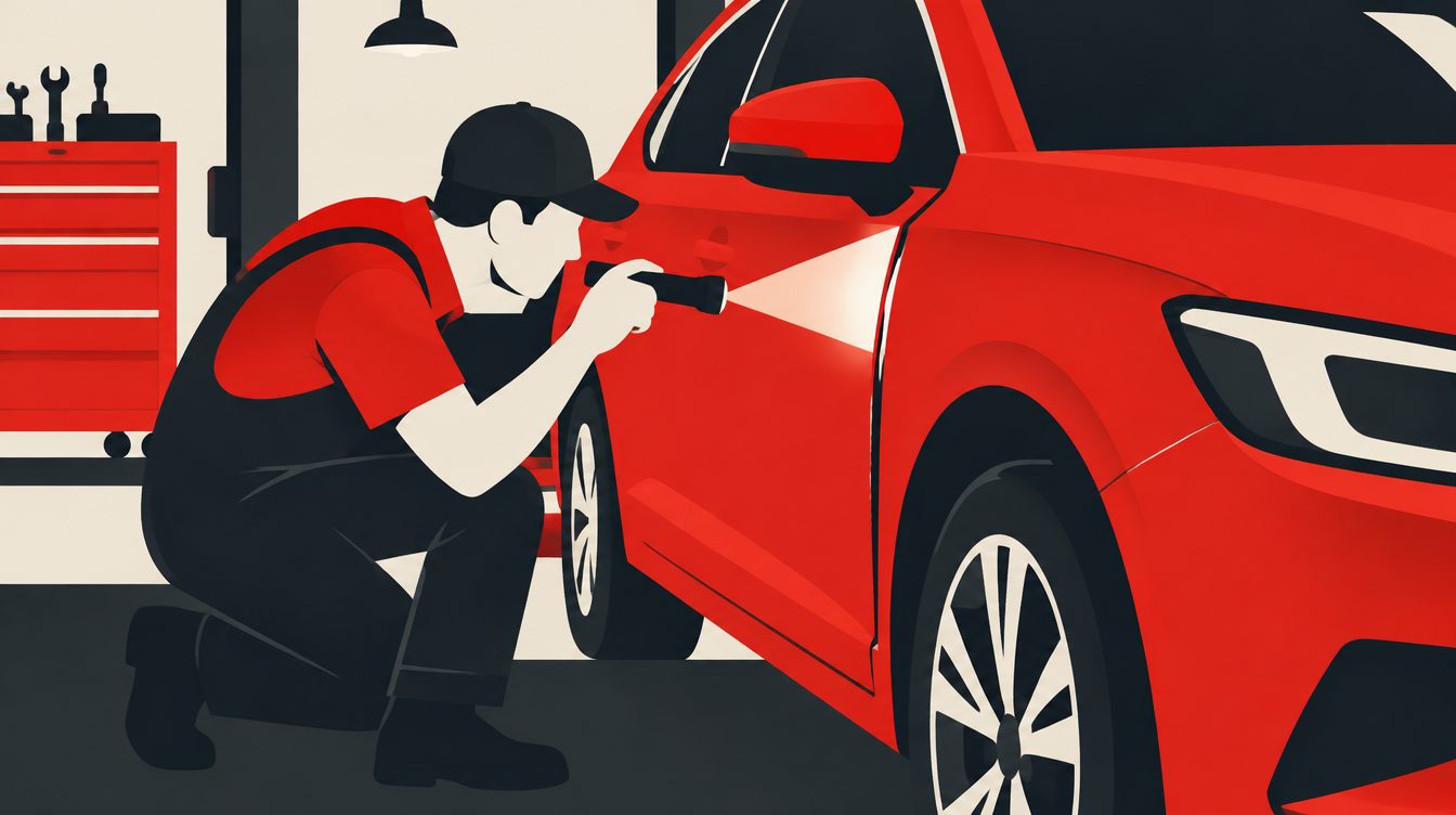 Ilustração de um mecânico com lanterna inspecionando a junção entre porta e para-lama de um carro