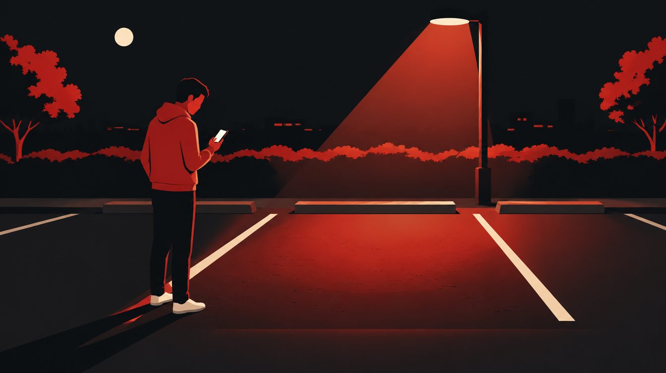 Ilustração de uma pessoa com celular em uma vaga de estacionamento vazia à noite
