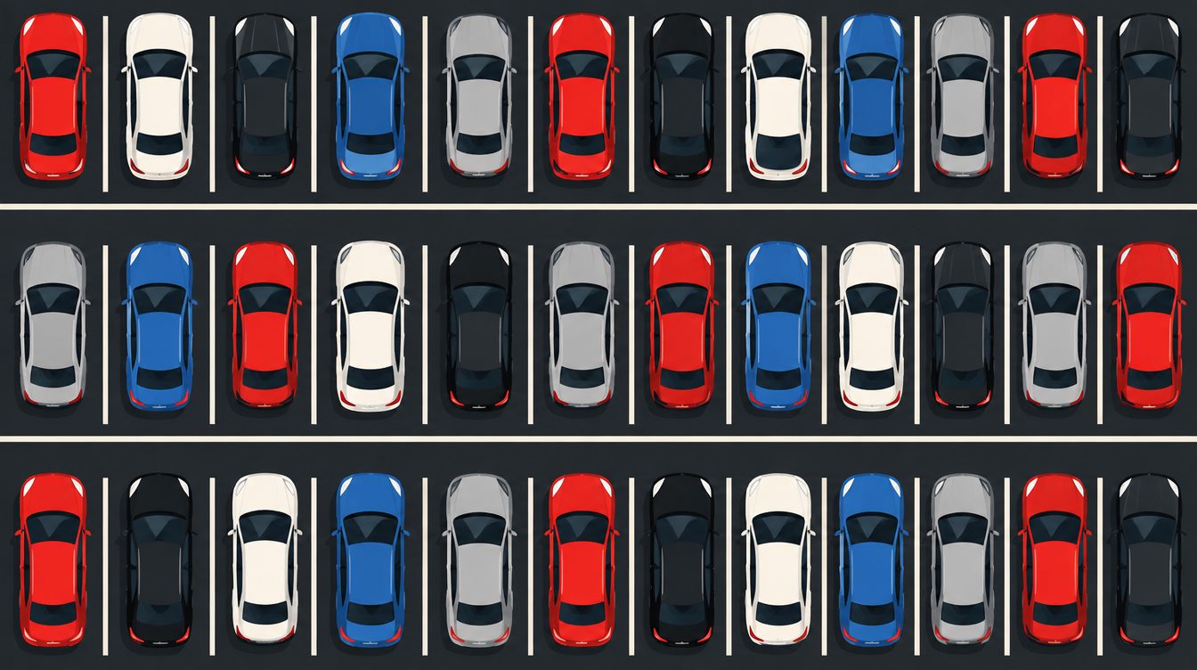 Ilustração vista de cima de fileiras de carros novos de várias cores em um pátio