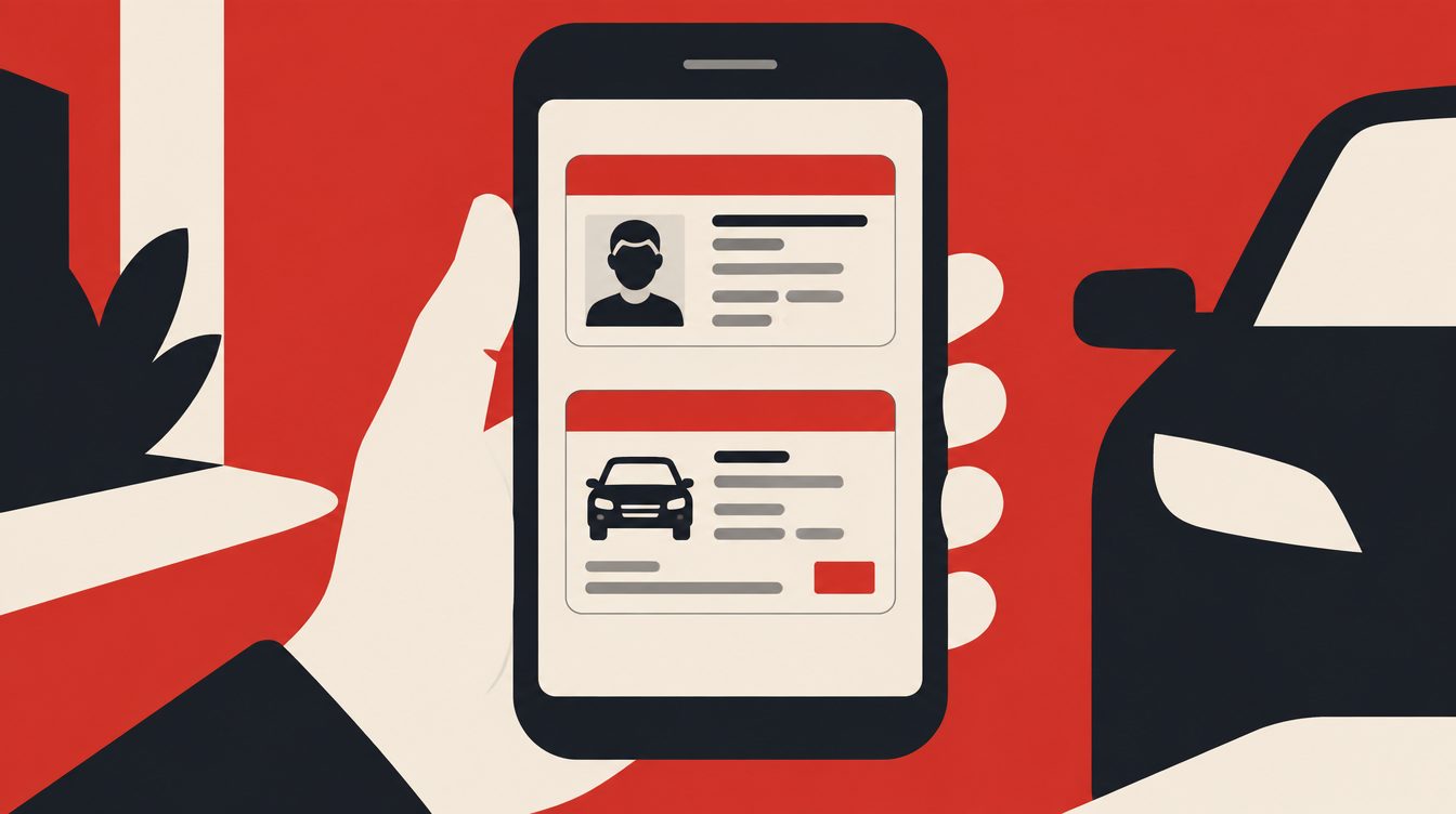 Ilustração de um celular exibindo dois cartões digitais genéricos, um de habilitação e outro de documento do veículo