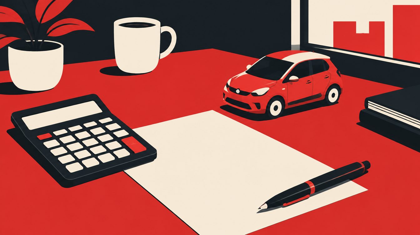 Ilustração de uma mesa com calculadora, proposta em branco e um carro em miniatura