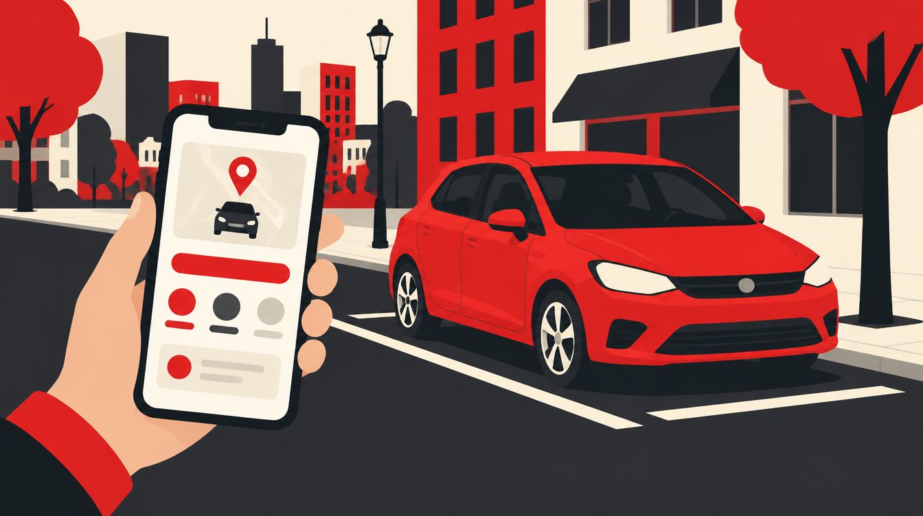 Ilustração de uma mão segurando um celular com aplicativo genérico ao lado de um carro estacionado