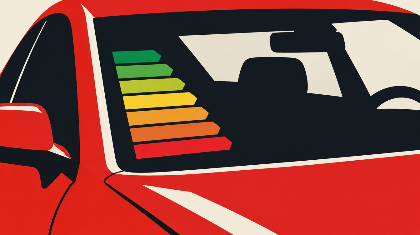 Ilustração de uma escala de eficiência do verde ao vermelho no vidro de um carro