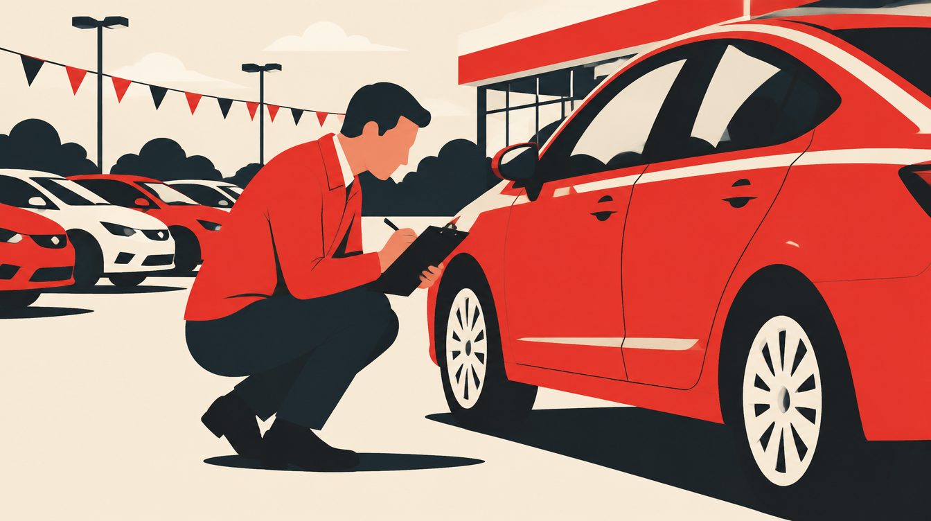 Ilustração de um avaliador com prancheta examinando a lateral de um carro usado em um pátio de loja