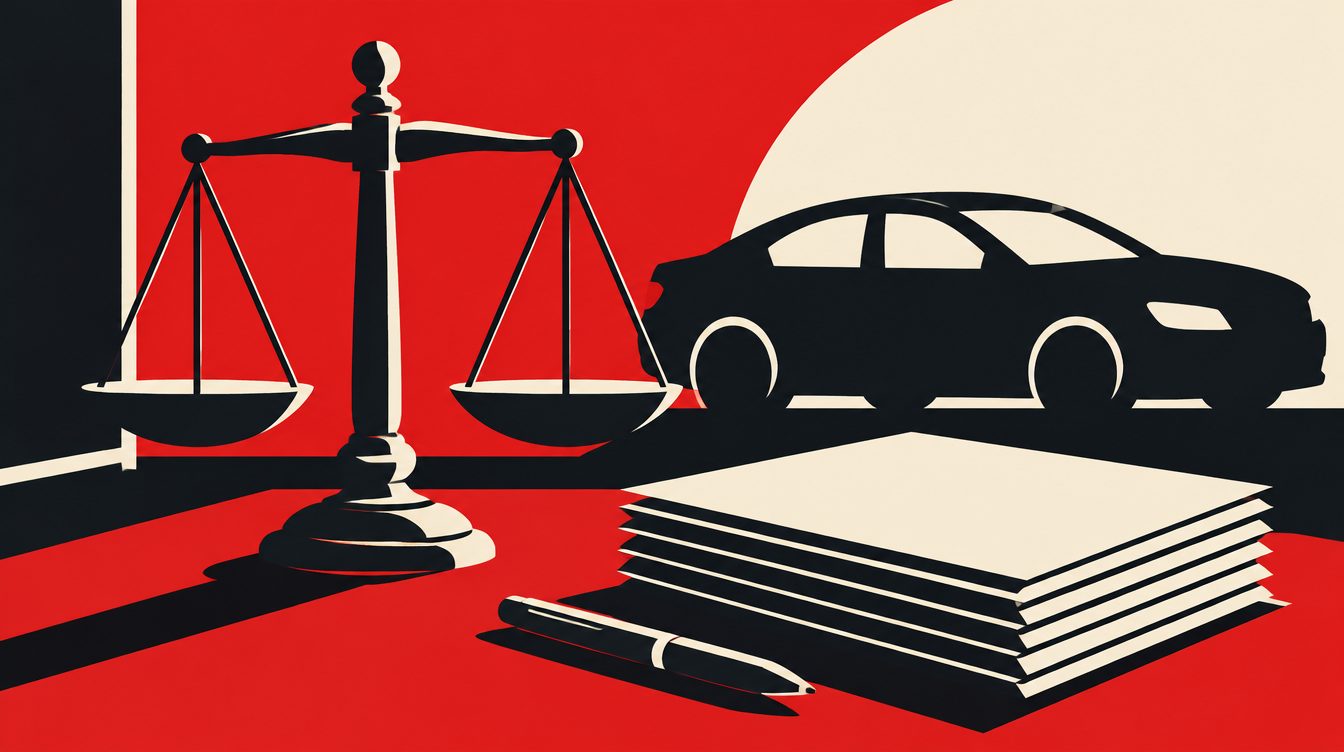 Ilustração de uma balança da justiça e uma pilha de documentos sobre uma mesa, com a silhueta de um carro ao fundo