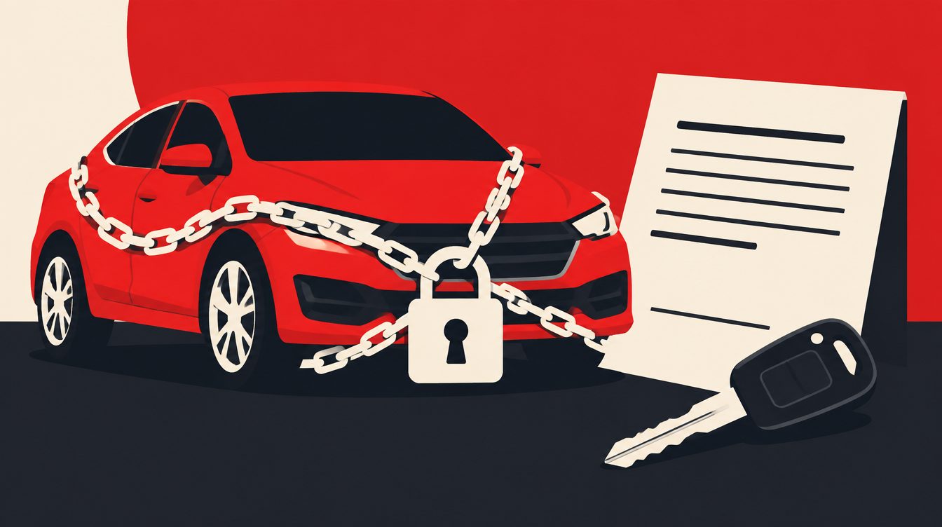 Ilustração de um carro preso por corrente e cadeado, ao lado de um contrato e uma chave