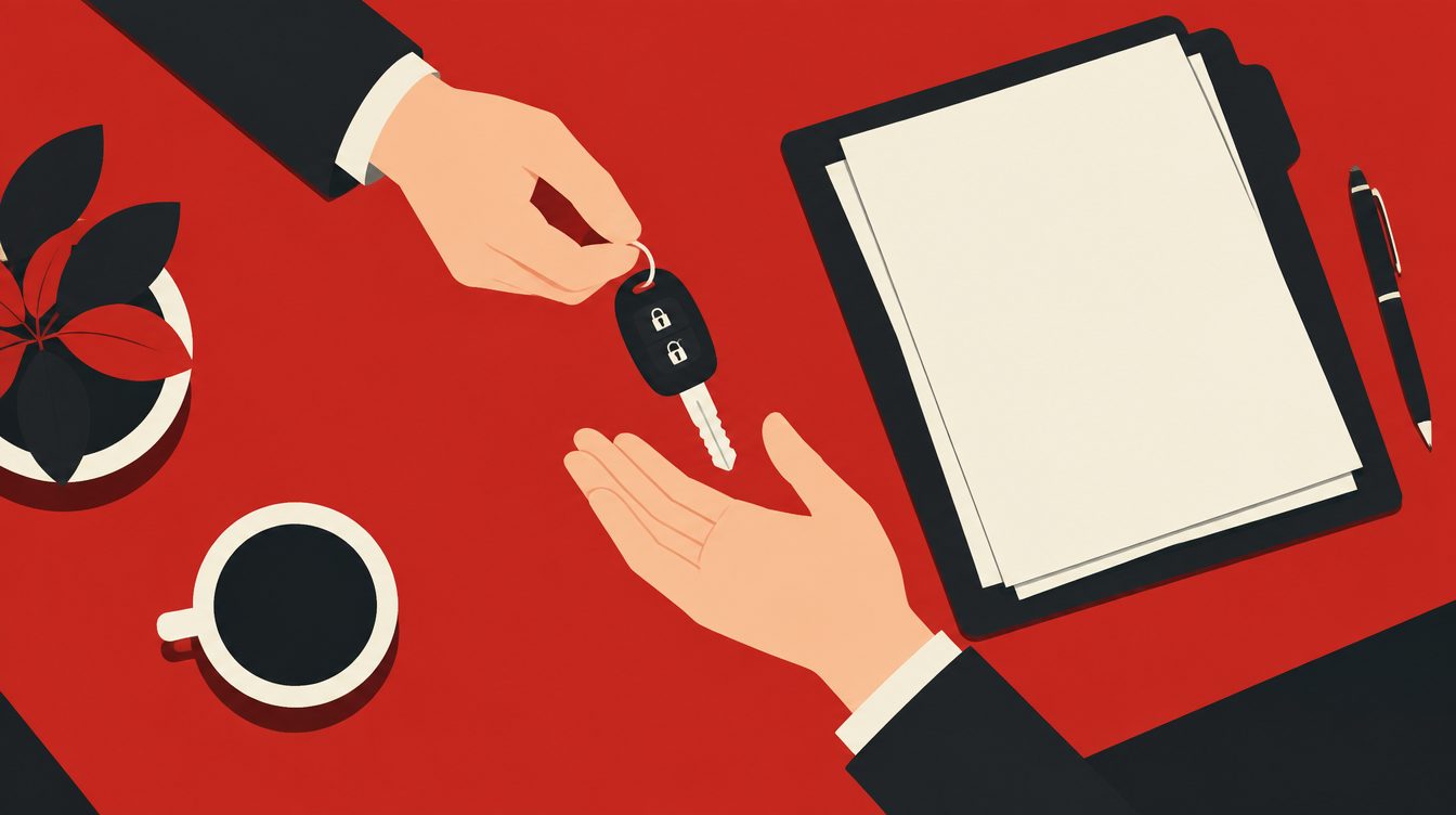 Ilustração de uma chave de carro sendo entregue sobre uma mesa, ao lado de uma pasta de documentos