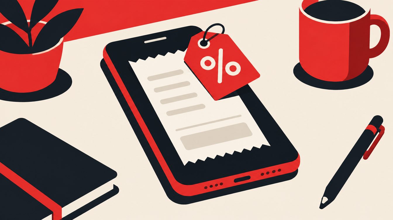Ilustração de um boleto em branco na tela de um celular com uma etiqueta de percentual