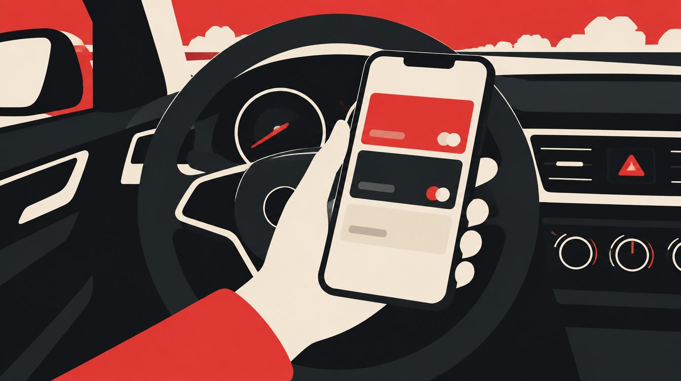 Ilustração de uma mão segurando um celular dentro de um carro, com o volante ao fundo