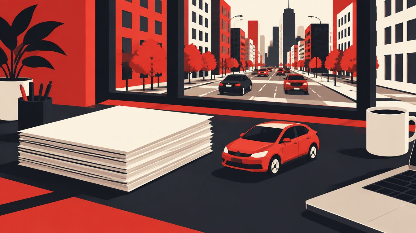 Ilustração de uma mesa com pilha de papéis e um carro em miniatura, com uma rua movimentada vista pela janela