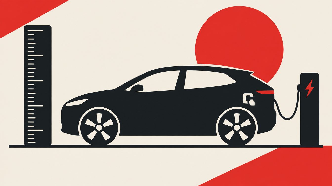 Ilustração de uma régua de medição ao lado da silhueta de um carro elétrico em um carregador