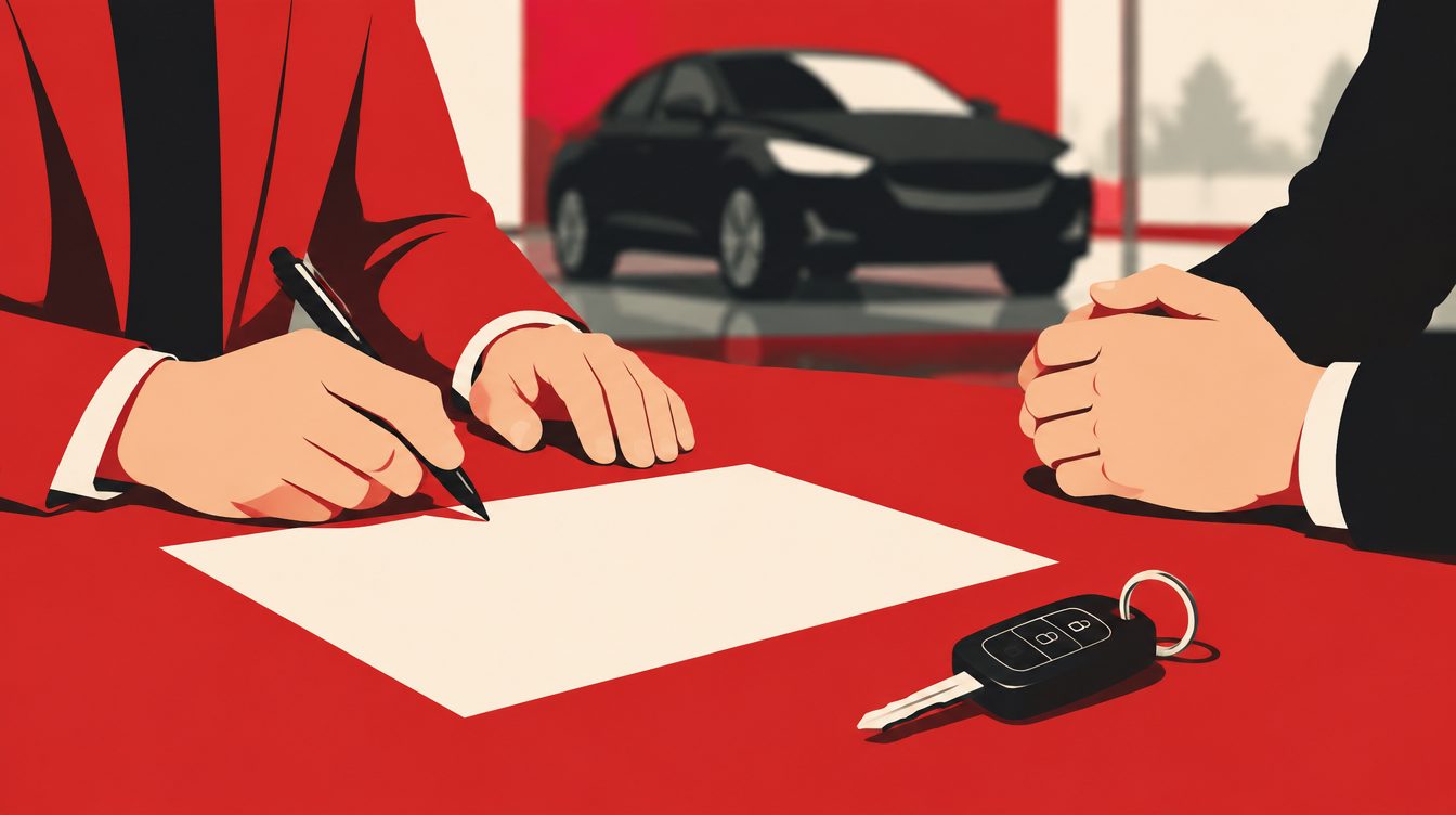 Ilustração de mãos sobre uma mesa com um contrato em branco e chaves de carro