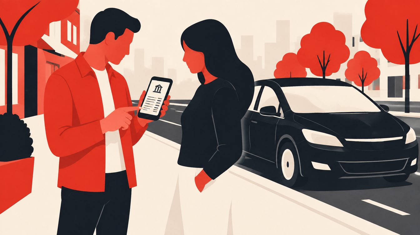 Ilustração de um vendedor mostrando o extrato no celular a uma compradora, ao lado de um carro estacionado