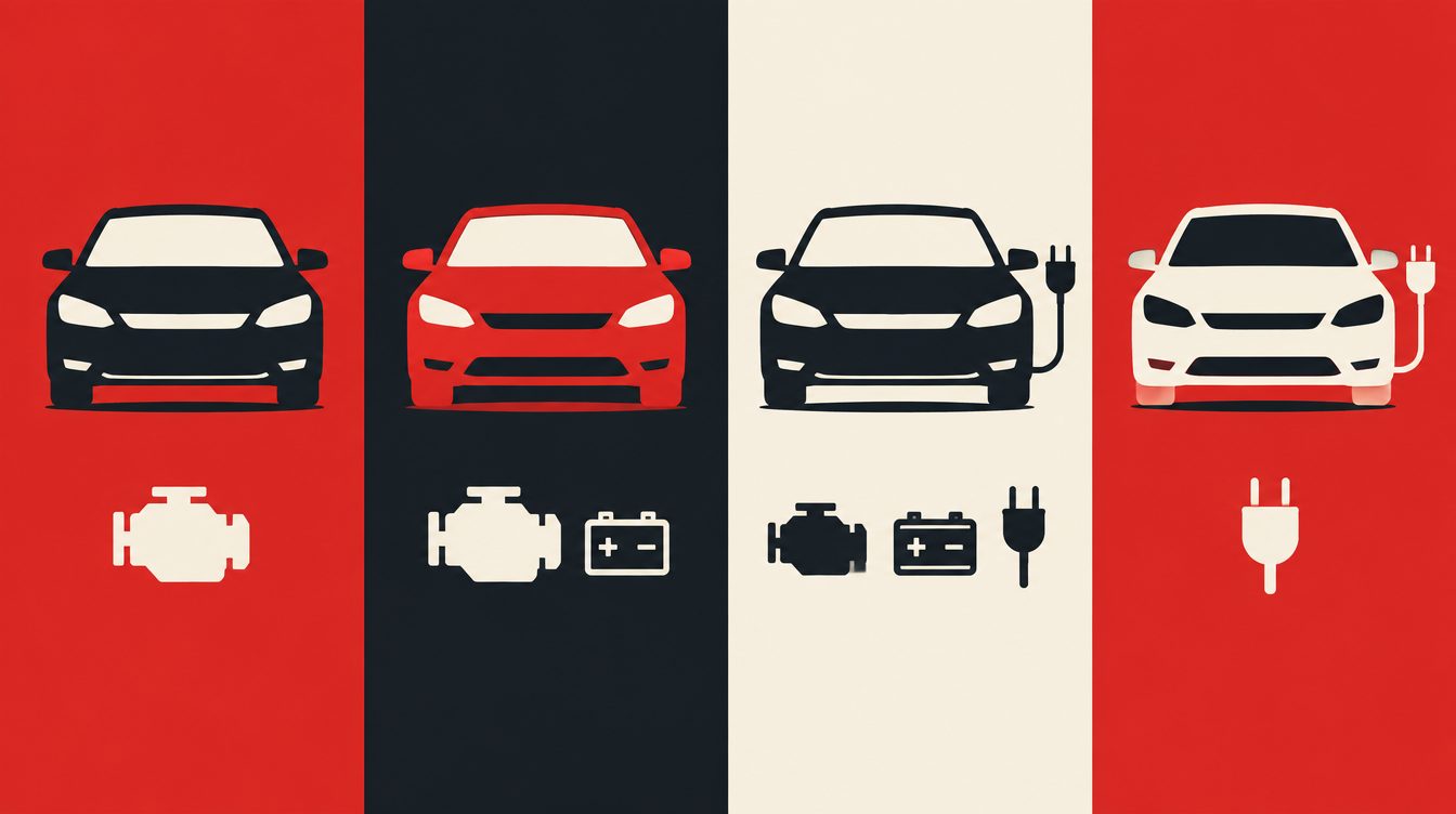 Ilustração de quatro carros lado a lado, cada um com um ícone de energia diferente: motor, motor com bateria, tomada opcional e tomada
