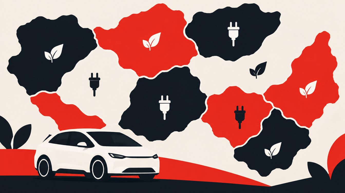 Ilustração de um mosaico abstrato de regiões com ícones de tomada e folha e um carro elétrico à frente