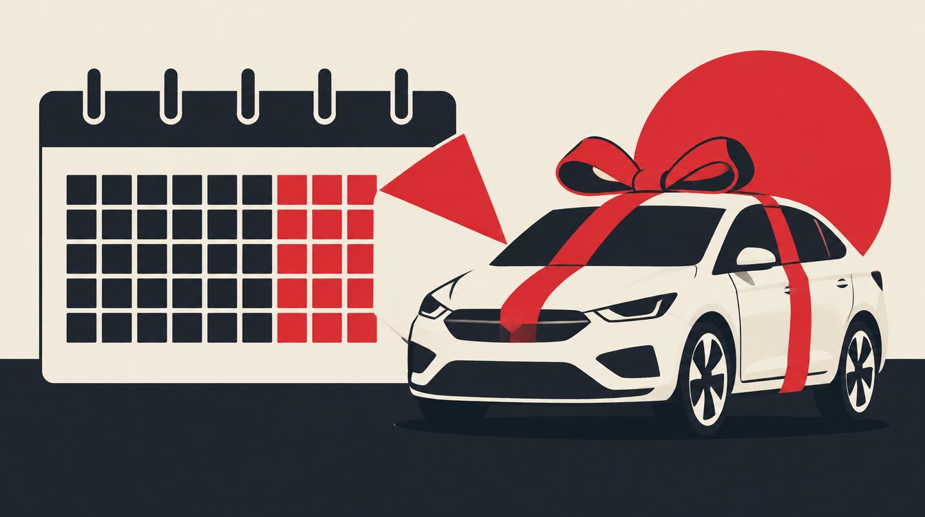 Ilustração de um calendário com parte dos meses destacada ao lado de um carro novo com laço