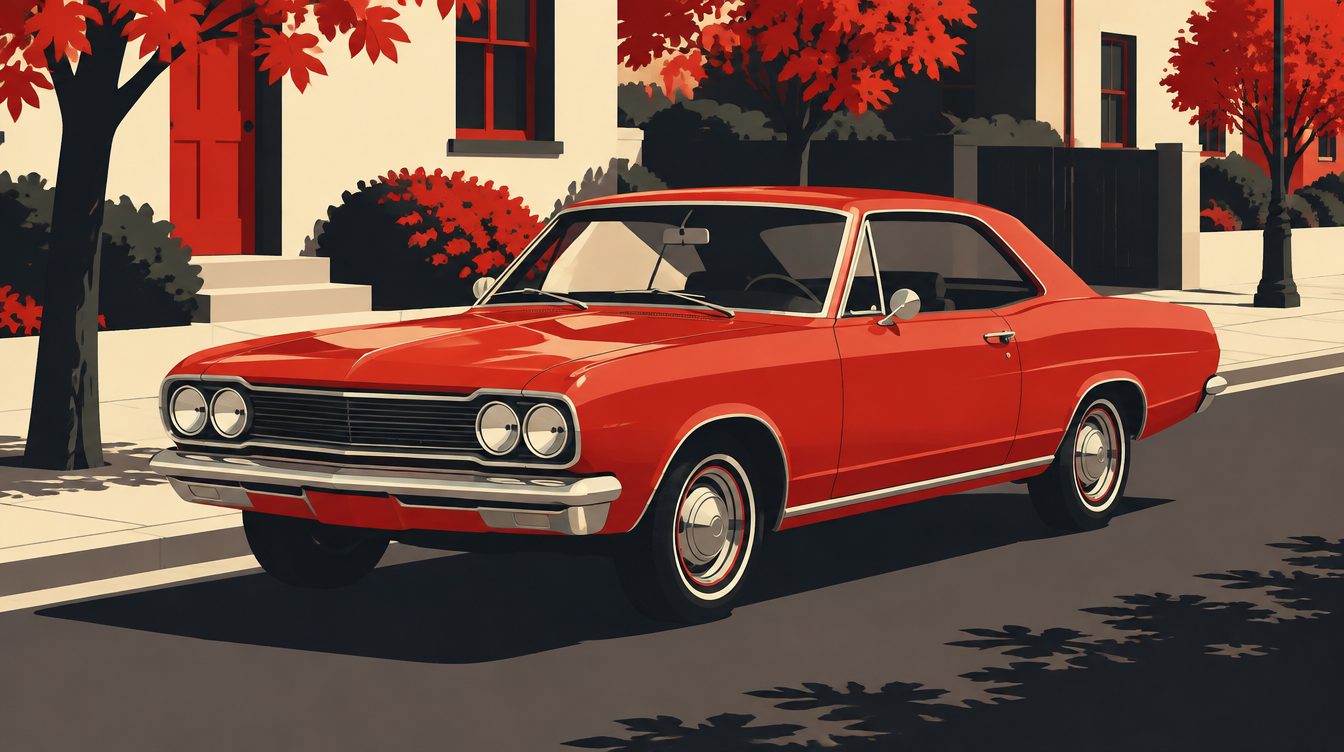 Ilustração de um carro clássico bem conservado estacionado em uma rua tranquila