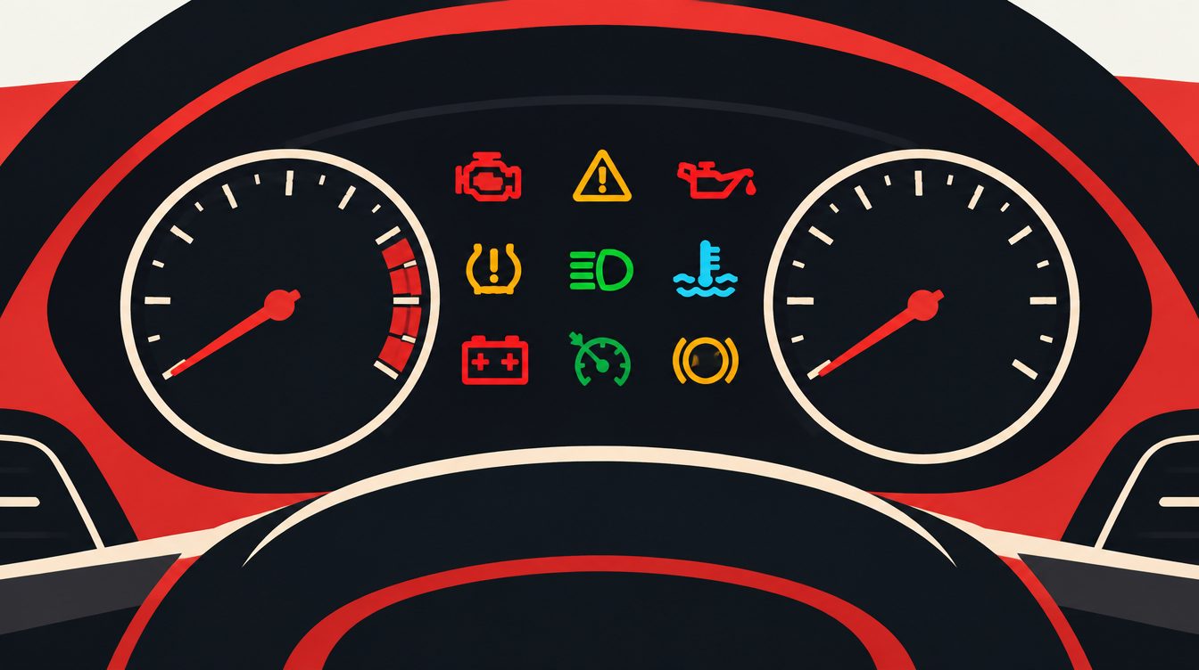 Ilustração de um painel de carro com ícones de alerta coloridos