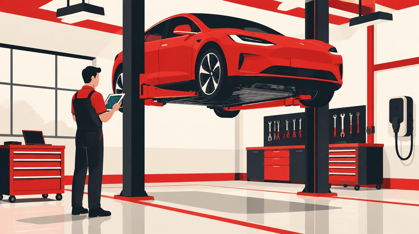 Ilustração de um carro elétrico elevado em uma oficina com um técnico usando um tablet