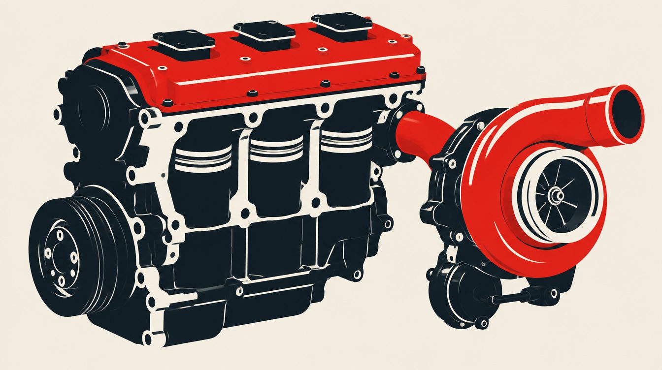 Ilustração de um motor de três cilindros com um turbocompressor ao lado