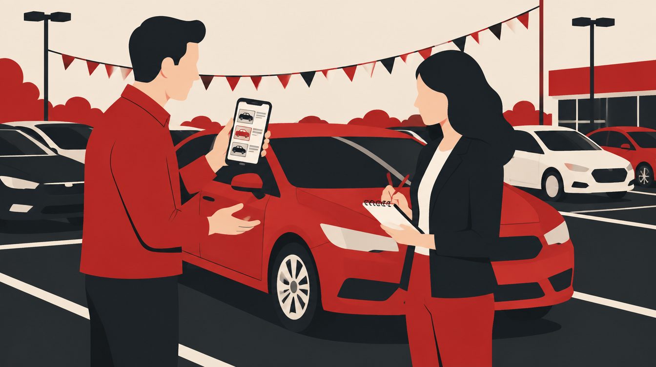 Ilustração de duas pessoas conversando ao lado de um carro usado em um pátio, uma com celular e outra com bloco de notas