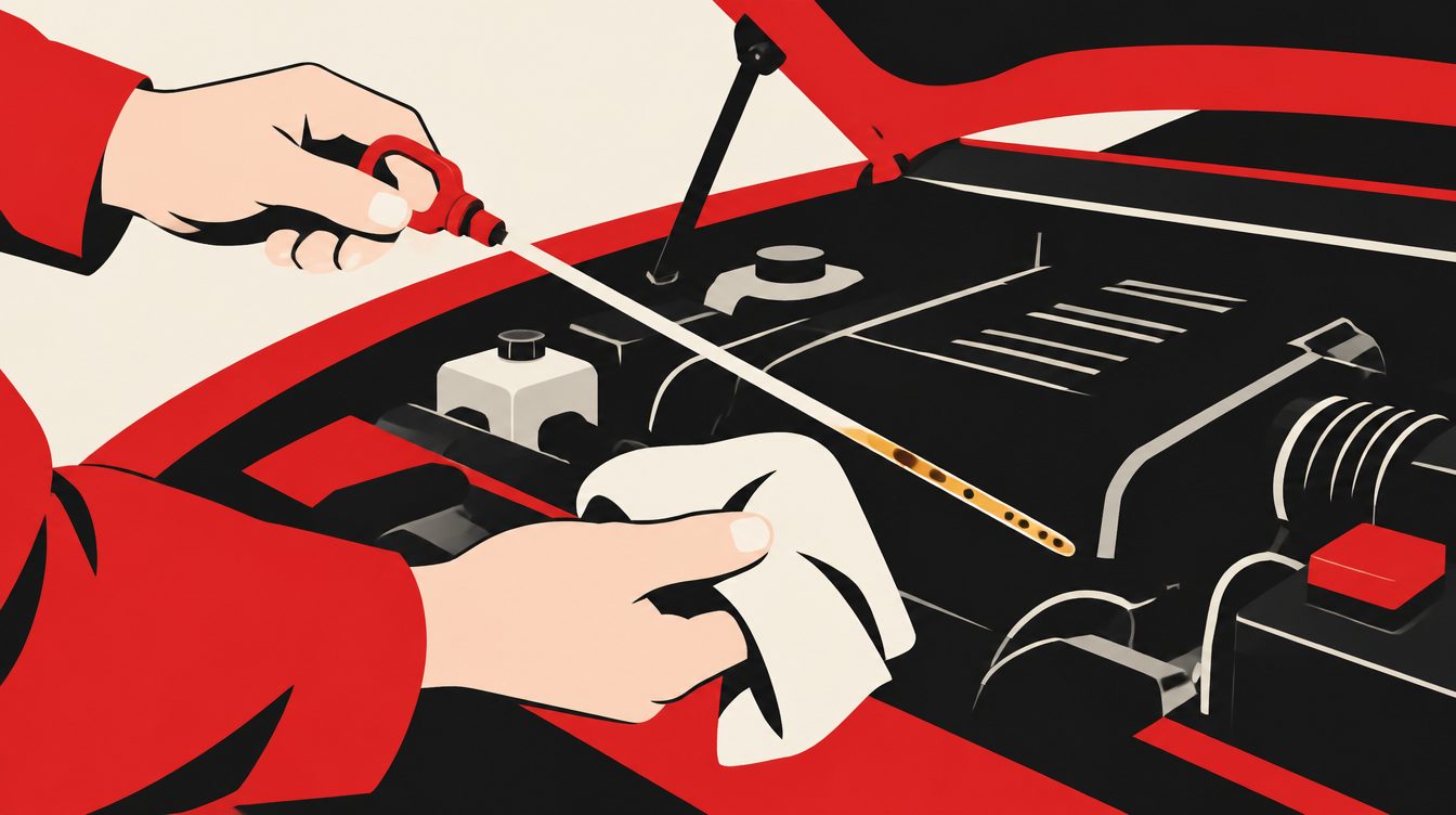 Ilustração de mãos verificando a vareta de óleo de um motor com o capô aberto