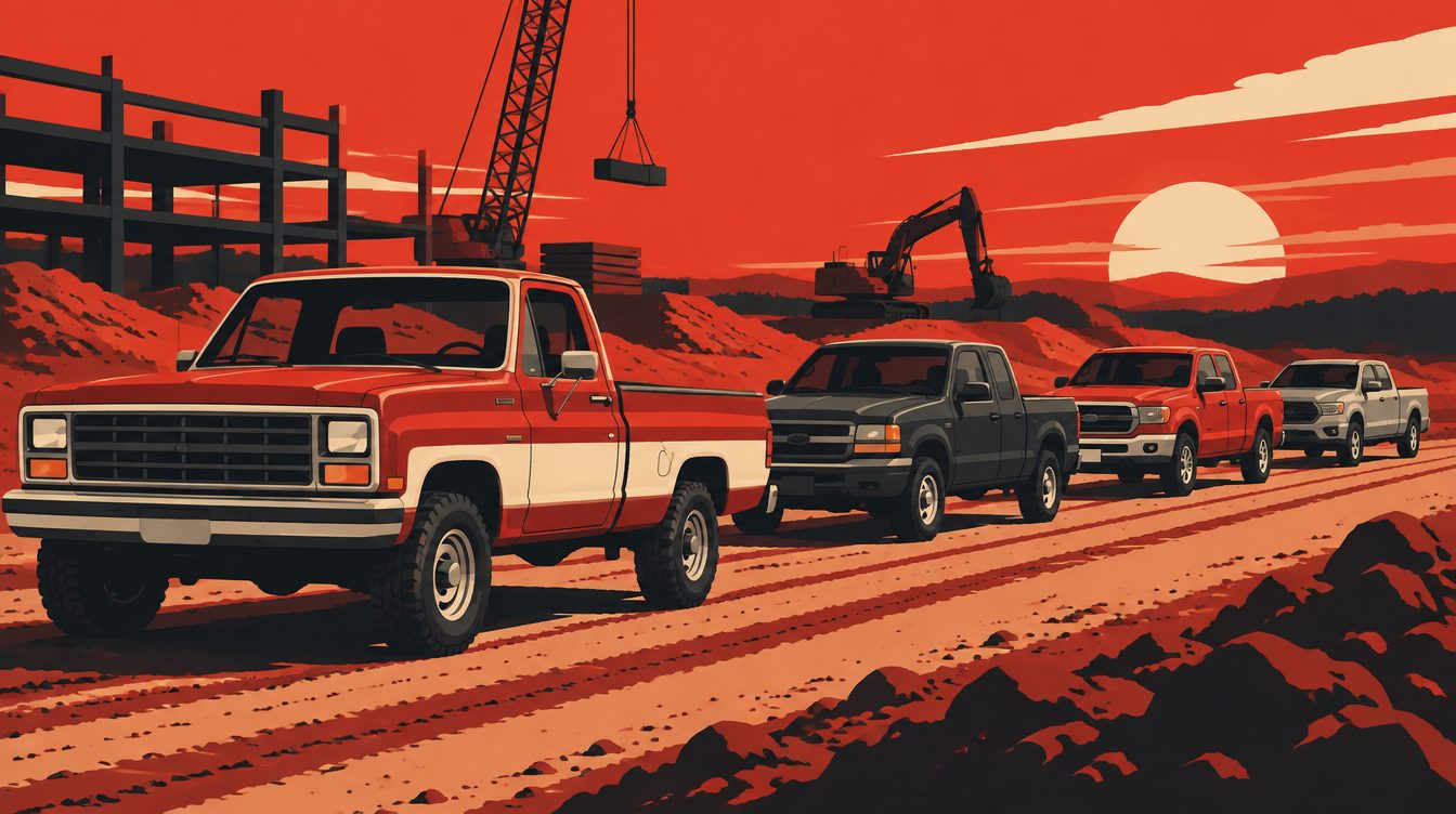 Ilustração de picapes em fila em uma obra e estrada de terra ao fim da tarde