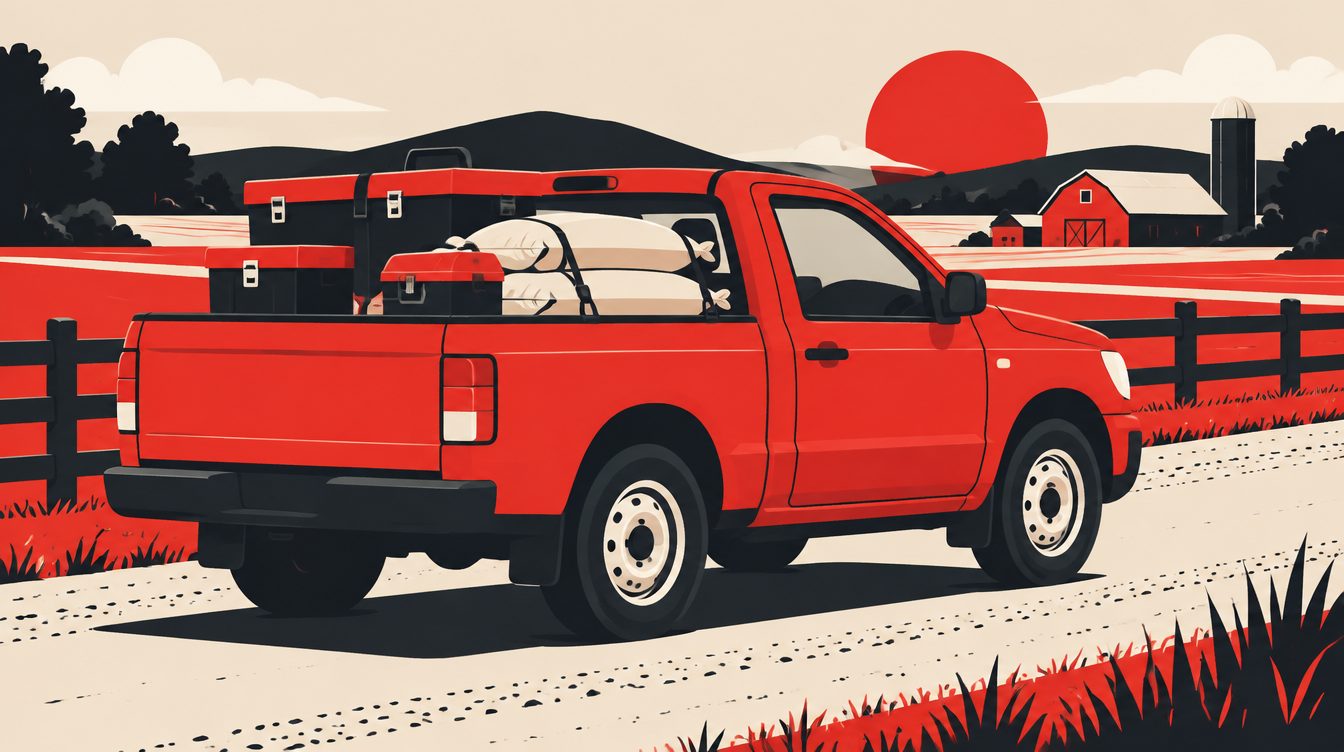 Ilustração de uma picape compacta com a caçamba carregada em uma estrada rural