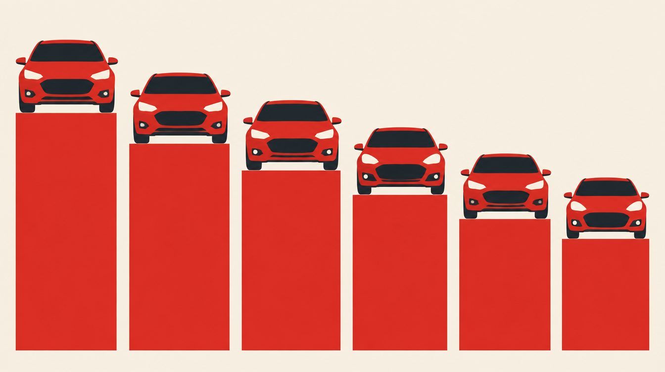 Ilustração de seis carros compactos em degraus de altura decrescente sobre um gráfico de barras