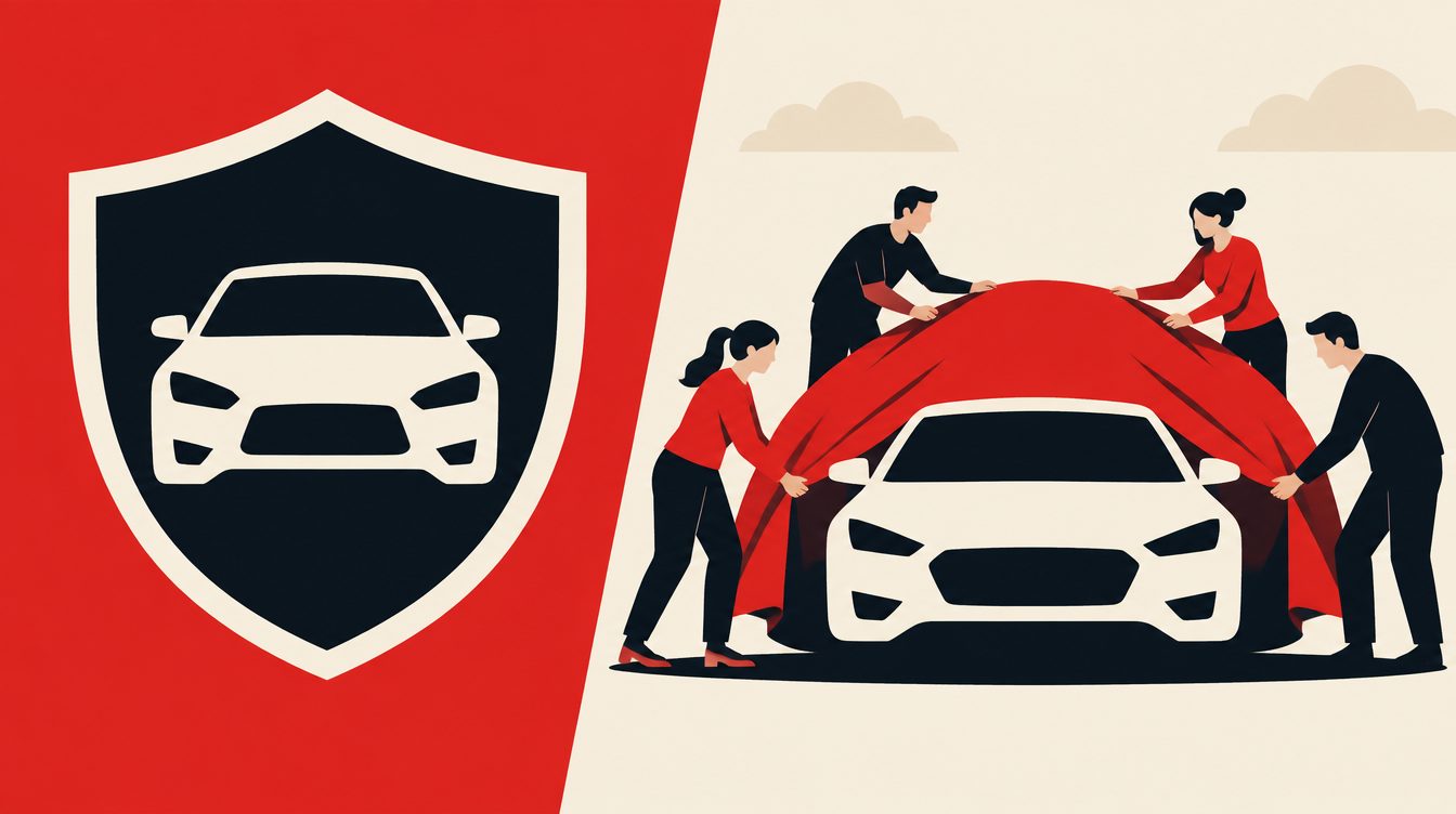 Ilustração com um escudo protegendo um carro, à esquerda, e várias pessoas segurando juntas uma lona sobre outro carro, à direita