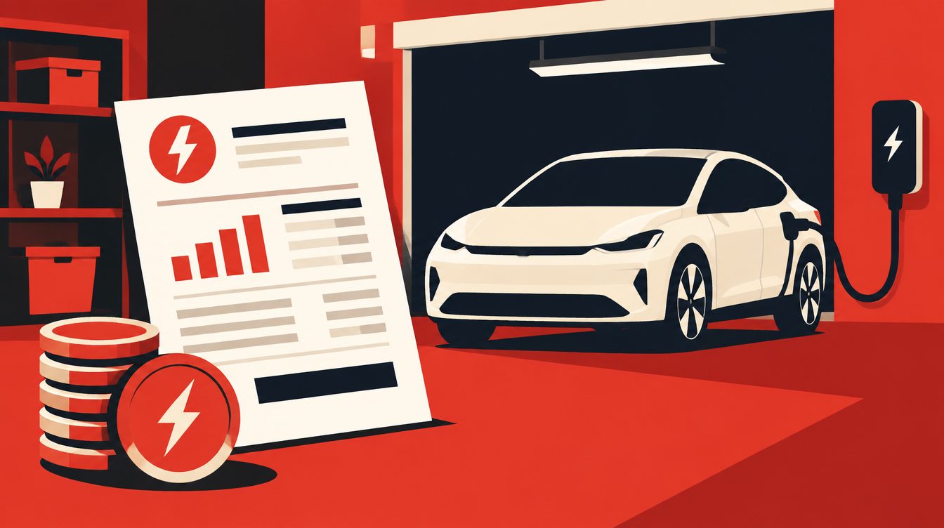 Ilustração de uma conta de luz estilizada ao lado de um carro elétrico carregando na garagem, com moedas e raio