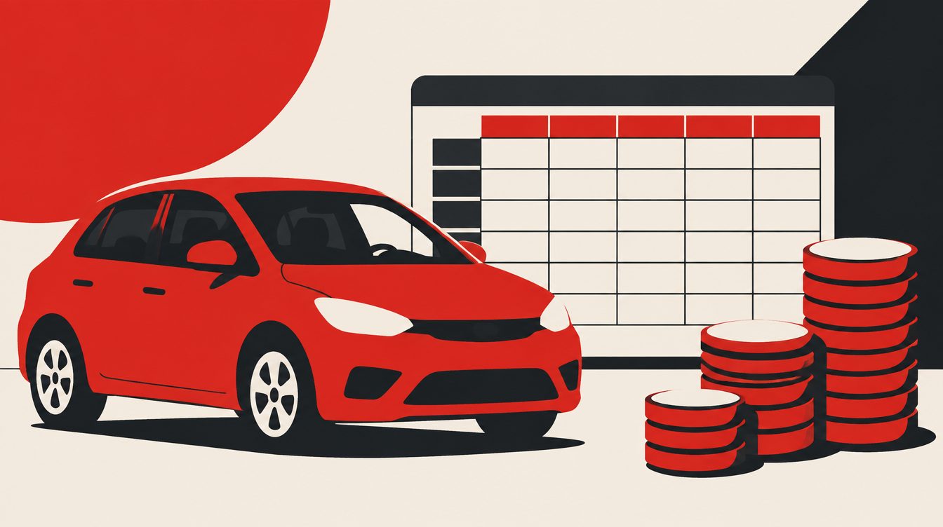 Ilustração de um carro compacto ao lado de uma planilha e pilhas de moedas