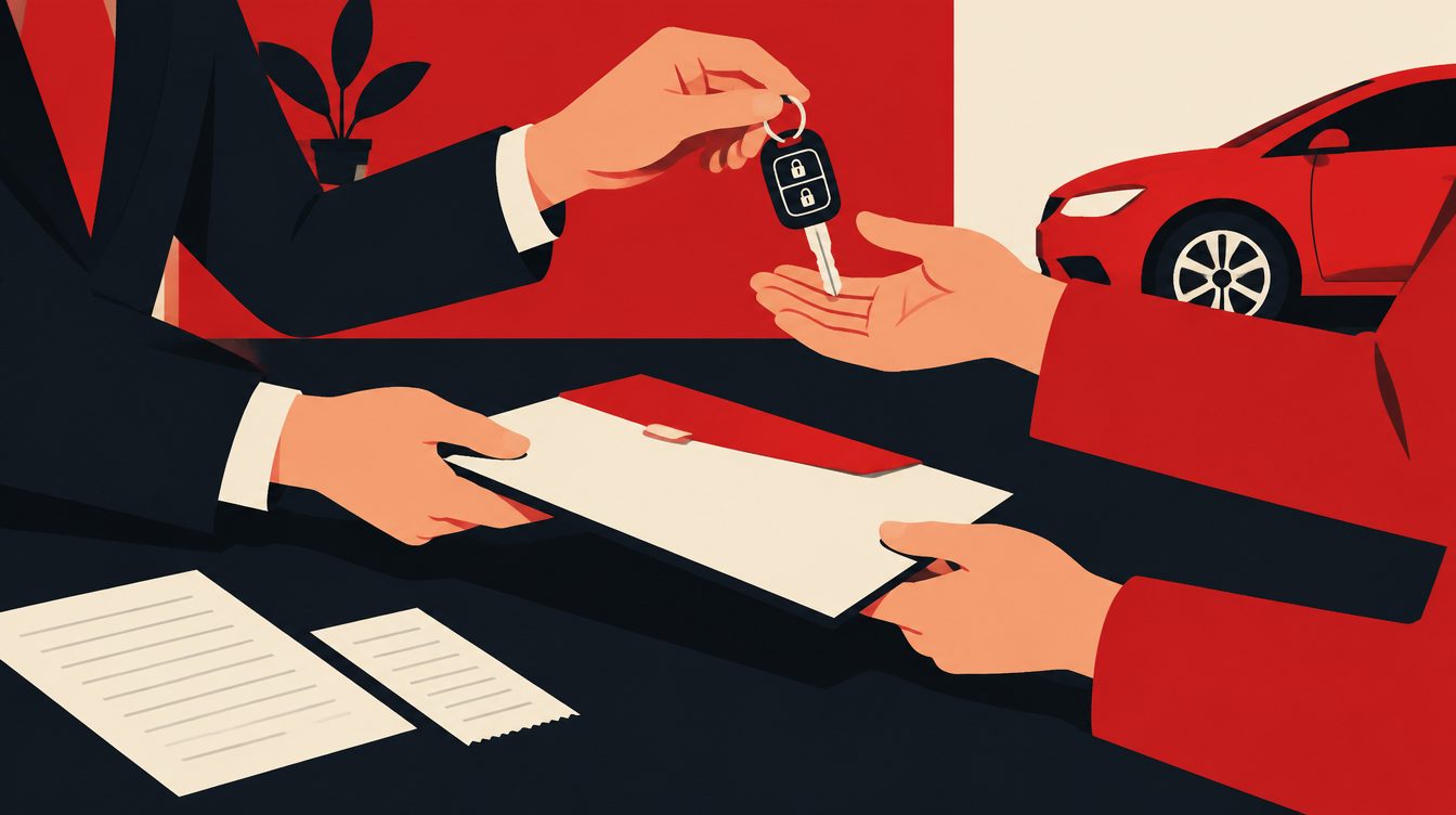 Ilustração de mãos entregando a chave de um carro e um envelope de documentos sobre uma mesa