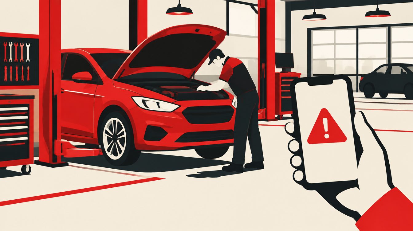 Ilustração de um carro em uma oficina de concessionária e um celular com ícone de alerta triangular