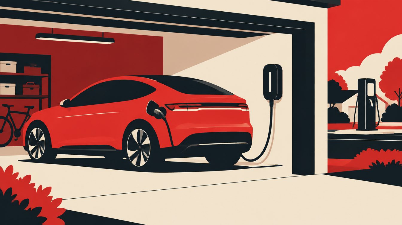 Ilustração de um carro elétrico em uma garagem residencial com carregador na parede e cabo conectado