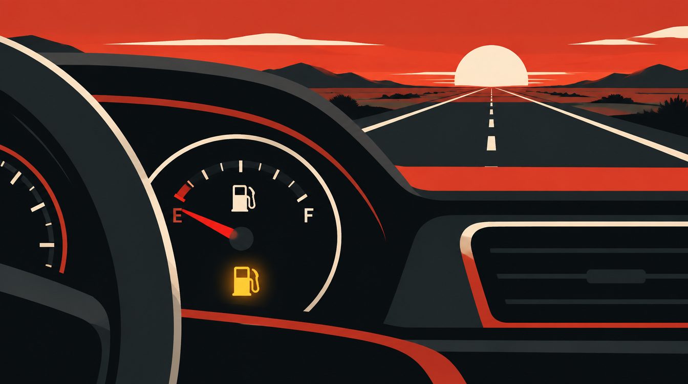 Ilustração de um painel de carro com o ponteiro de combustível perto do vazio e a luz de reserva acesa, com estrada ao fundo