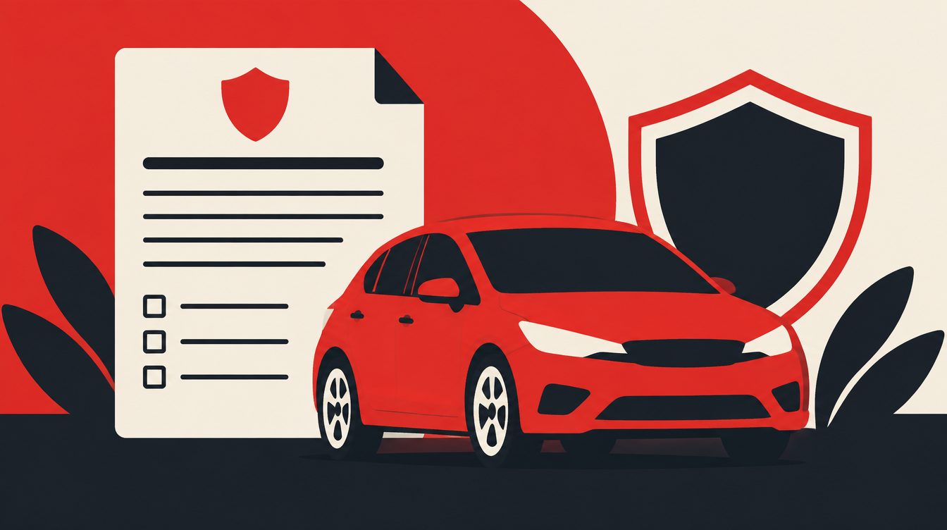 Ilustração de uma apólice em branco ao lado de um carro compacto e um escudo