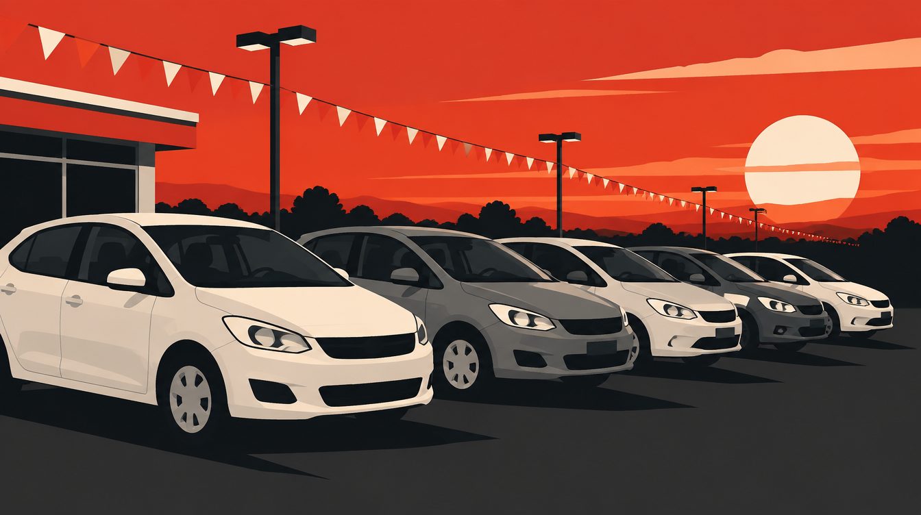 Ilustração de uma fileira de carros compactos em um pátio de seminovos ao entardecer
