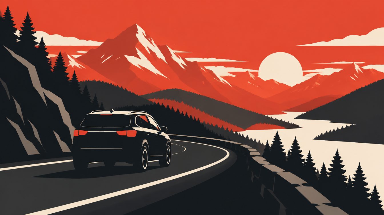 Ilustração de um SUV compacto em uma estrada de serra ao amanhecer