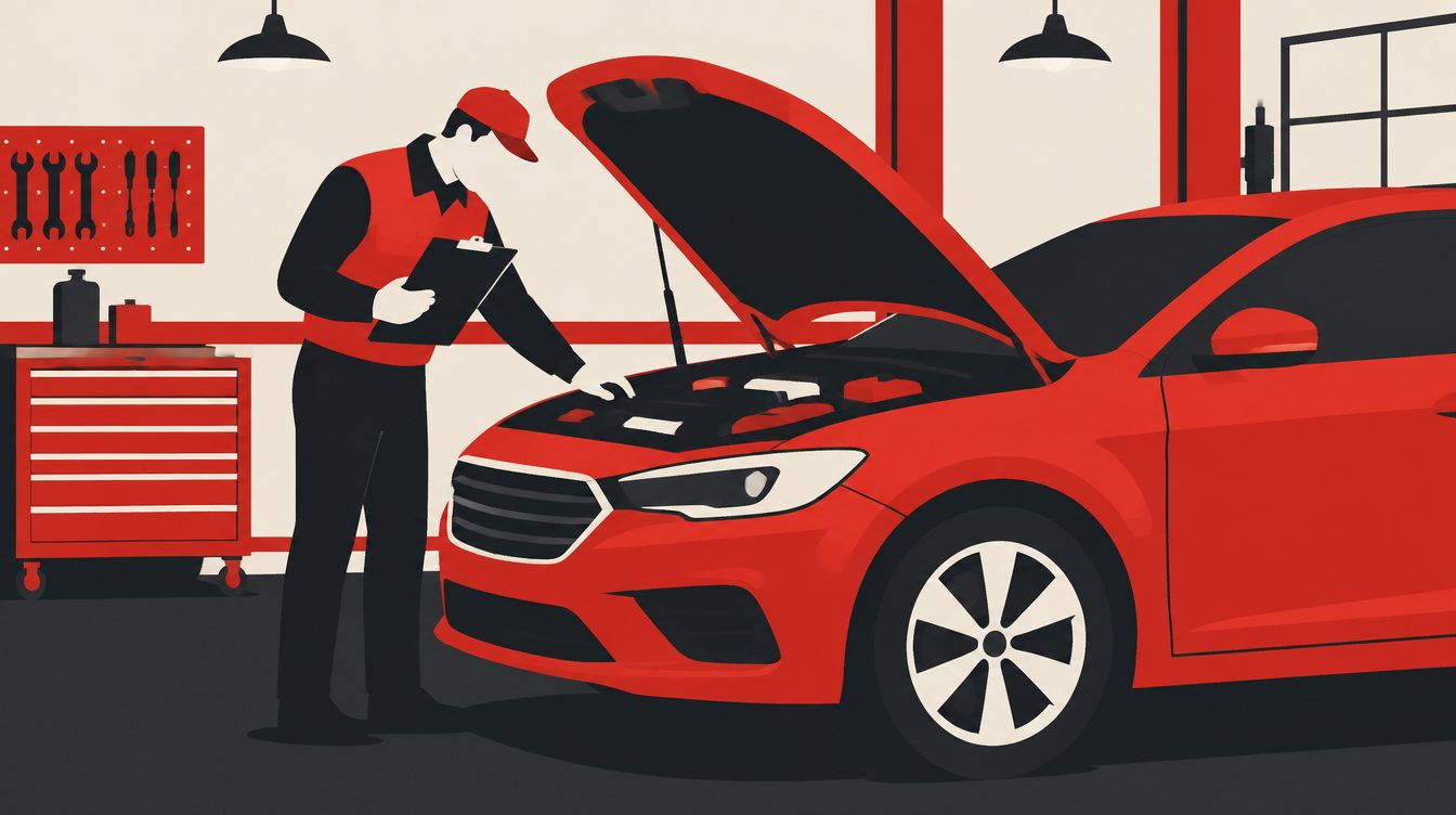 Ilustração de um inspetor com prancheta examinando o capô aberto de um carro em uma oficina