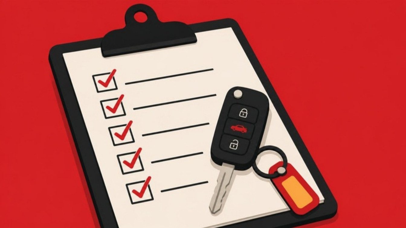 Ilustração de uma prancheta com lista de conferência marcada e uma chave de carro
