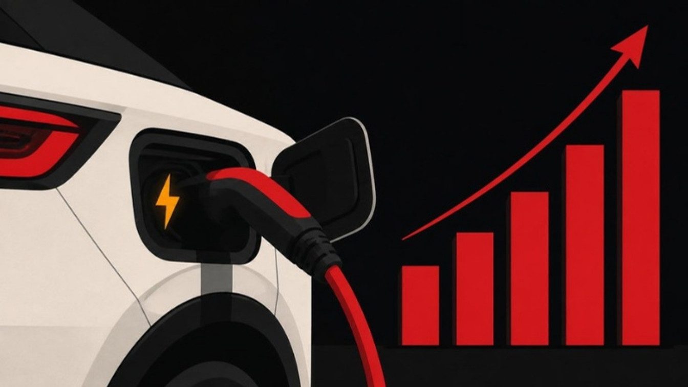 Ilustração de um cabo de recarga ligado a um carro elétrico, com um raio amarelo e um gráfico de barras crescente