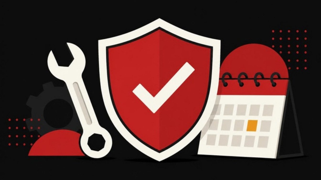 Ilustração de um escudo vermelho com sinal de conferido, uma chave de boca e um calendário