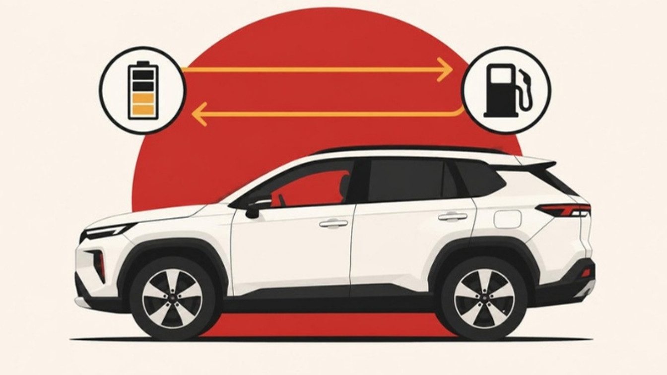 Ilustração de um SUV com ícones de bateria e de bomba de combustível ligados por setas
