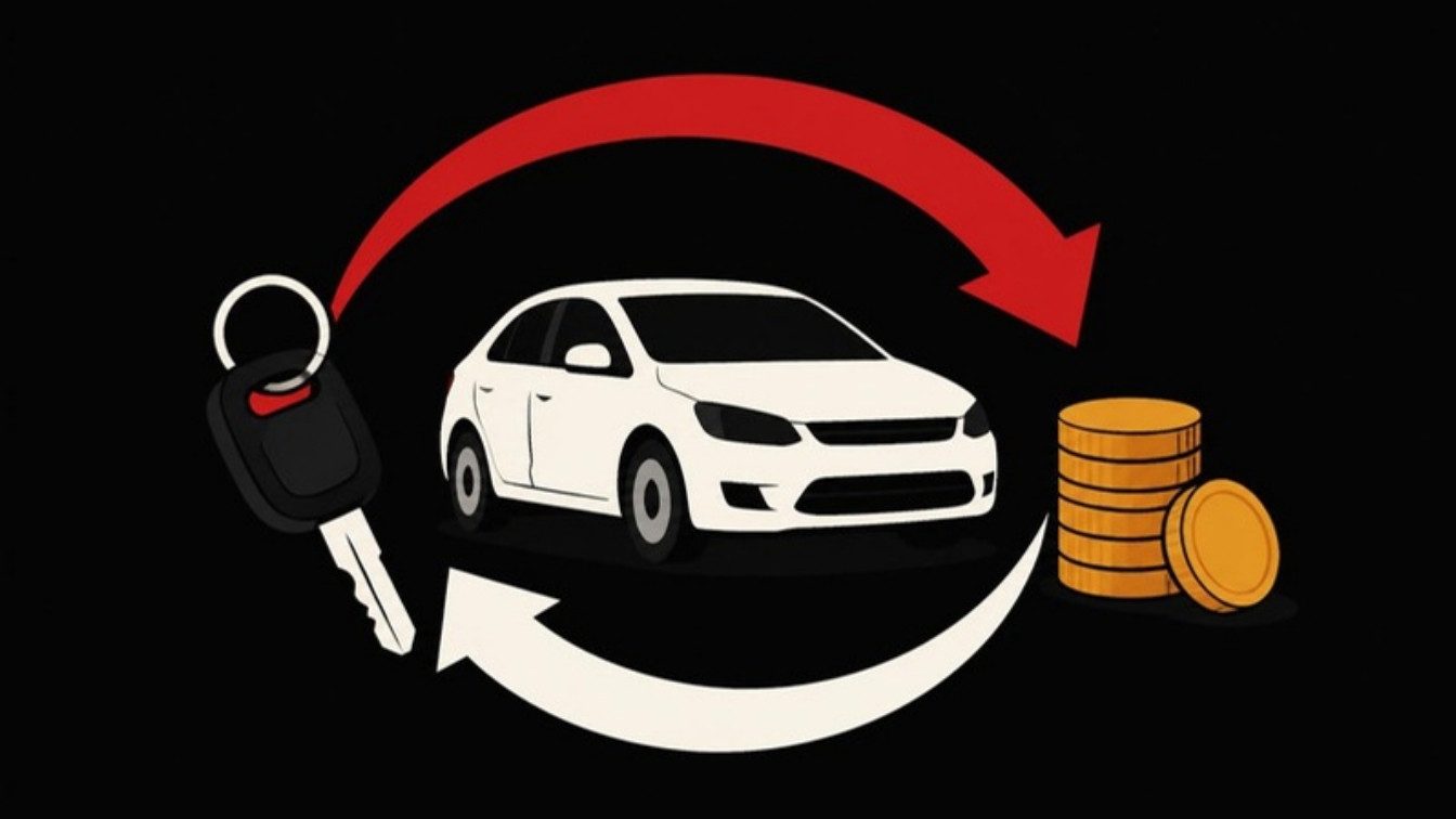 Ilustração de setas circulares em volta de um carro, com uma chave e uma pilha de moedas