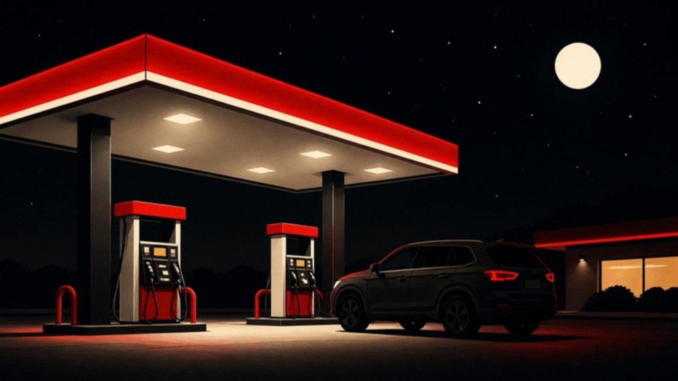 Ilustração de um posto de combustível à noite com duas bombas e um SUV estacionado