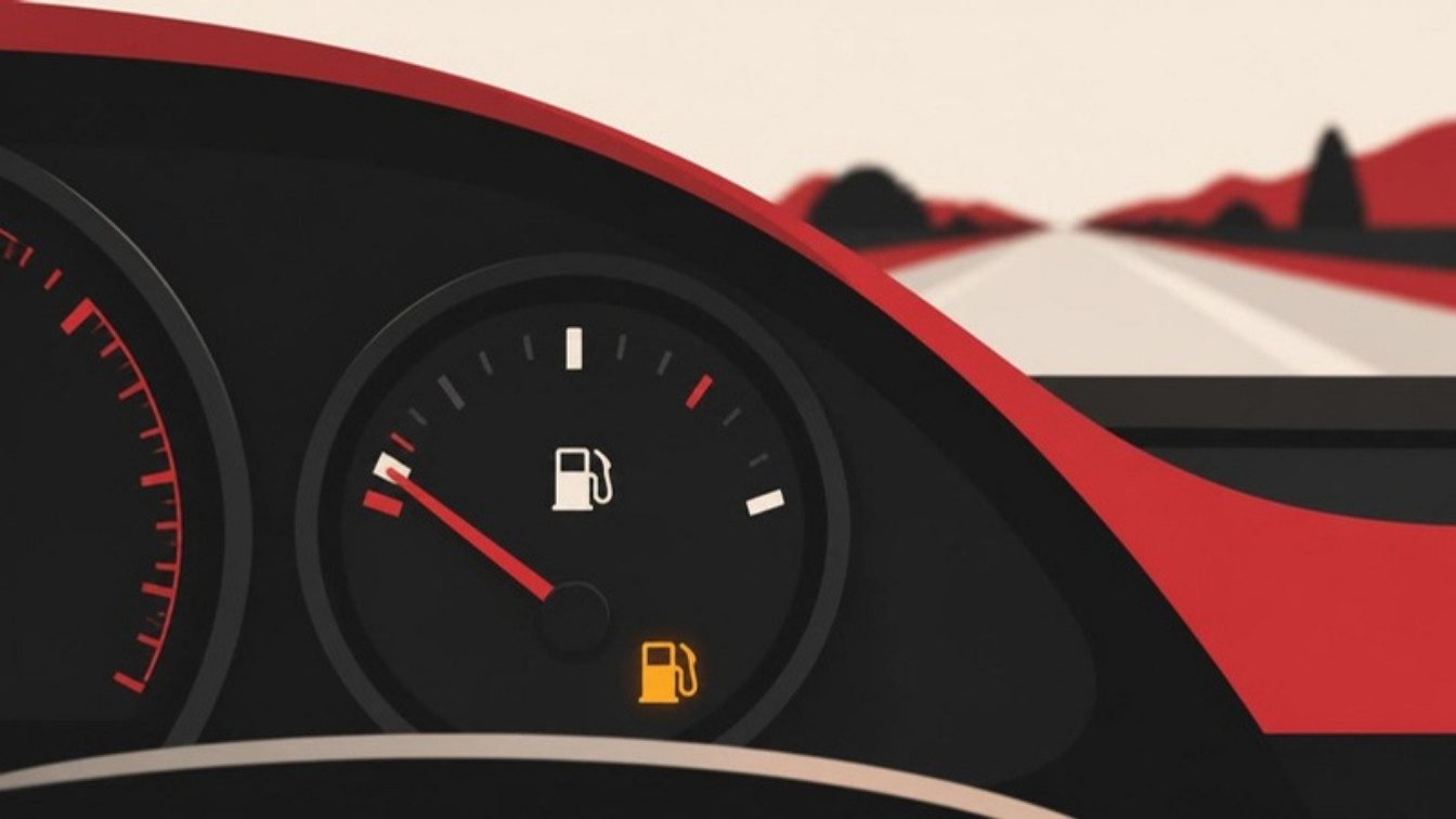 Ilustração do painel de um carro com o medidor de combustível perto do vazio e uma luz amarela de combustível acesa