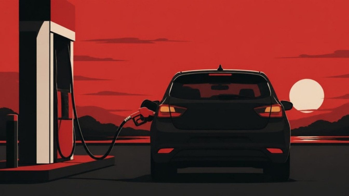 Ilustração de um carro compacto visto por trás sendo abastecido em um posto ao entardecer