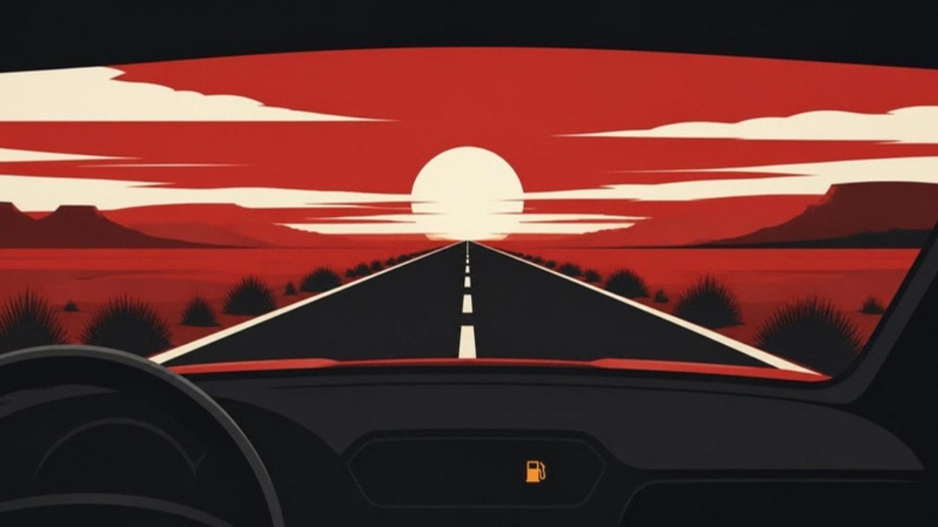 Ilustração de uma estrada reta ao nascer do sol vista de dentro do carro, com uma luz amarela de combustível no painel